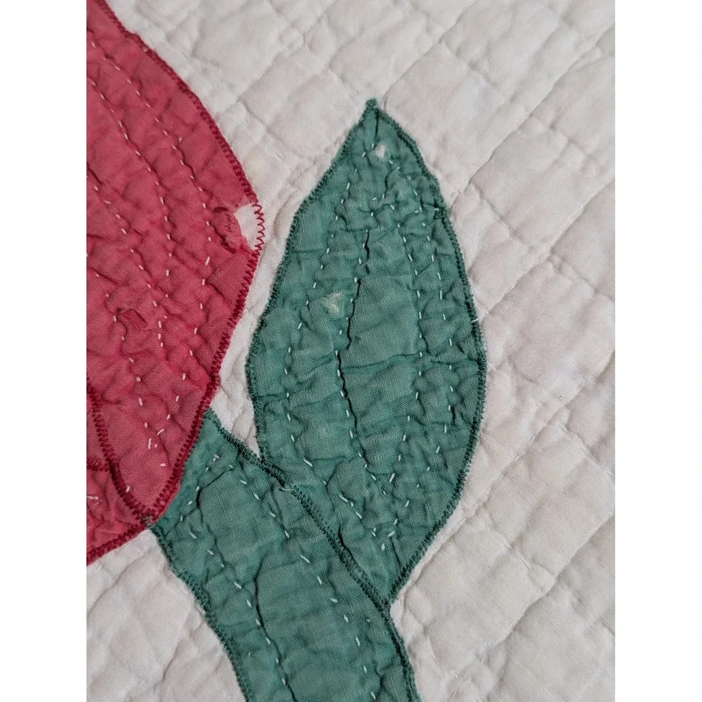 Vintage Tulip Applique Quilt Hand Quilted Cottage Farmhouse Bed Cover 82x60